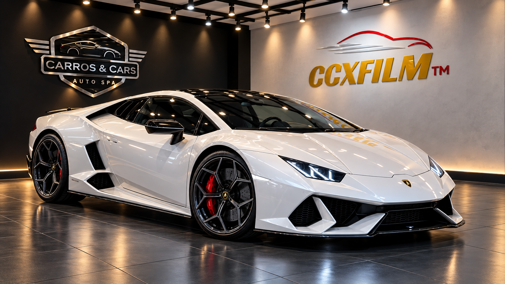 Ilustração de Lamborghini branco em ambiente de estética automotiva, com as marcas Carros & Cars e CCXFILM.