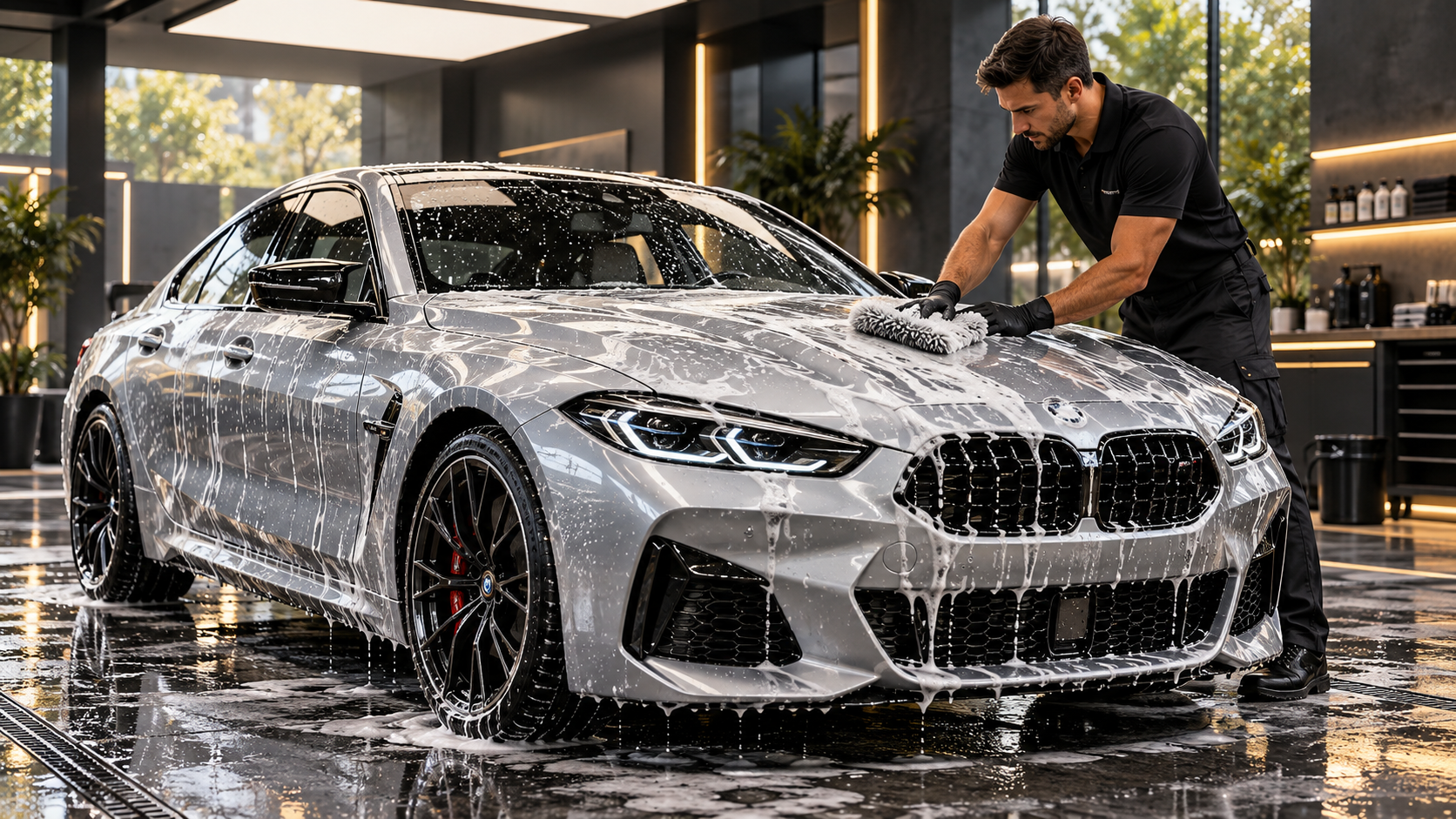 Profissional realizando lavagem detalhada em um BMW com espuma na Carros & Cars.