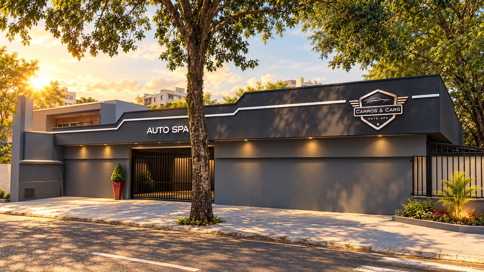 Ilustração da fachada da Carros & Cars Auto Spa em São Bernardo do Campo, com brasão e iluminação de fim de tarde.