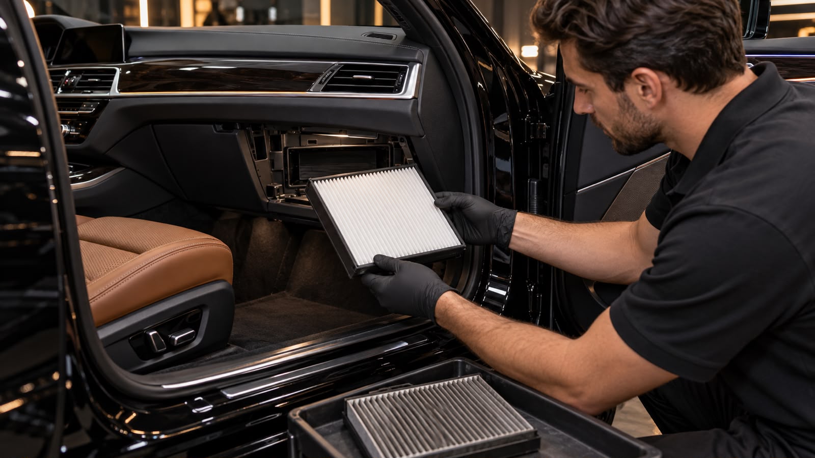 Ilustração de profissional com filtro de cabine durante a limpeza do ar-condicionado automotivo.
