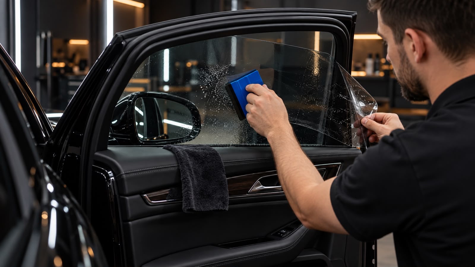 Ilustração de profissional aplicando película no vidro lateral de um veículo na Carros & Cars.