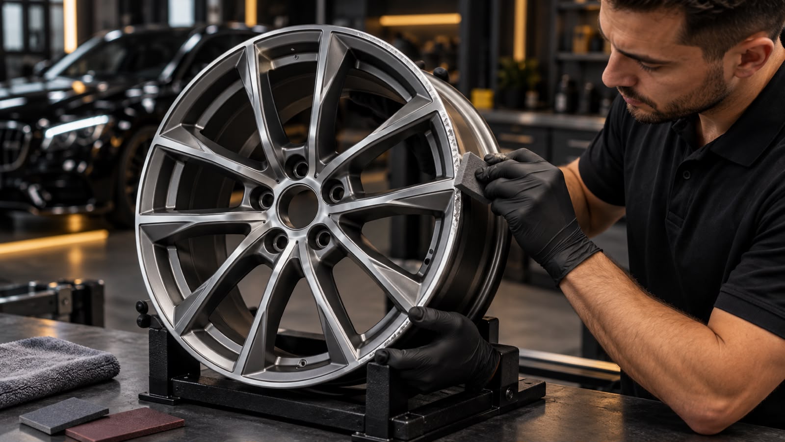 Ilustração de profissional trabalhando na restauração de uma roda automotiva.